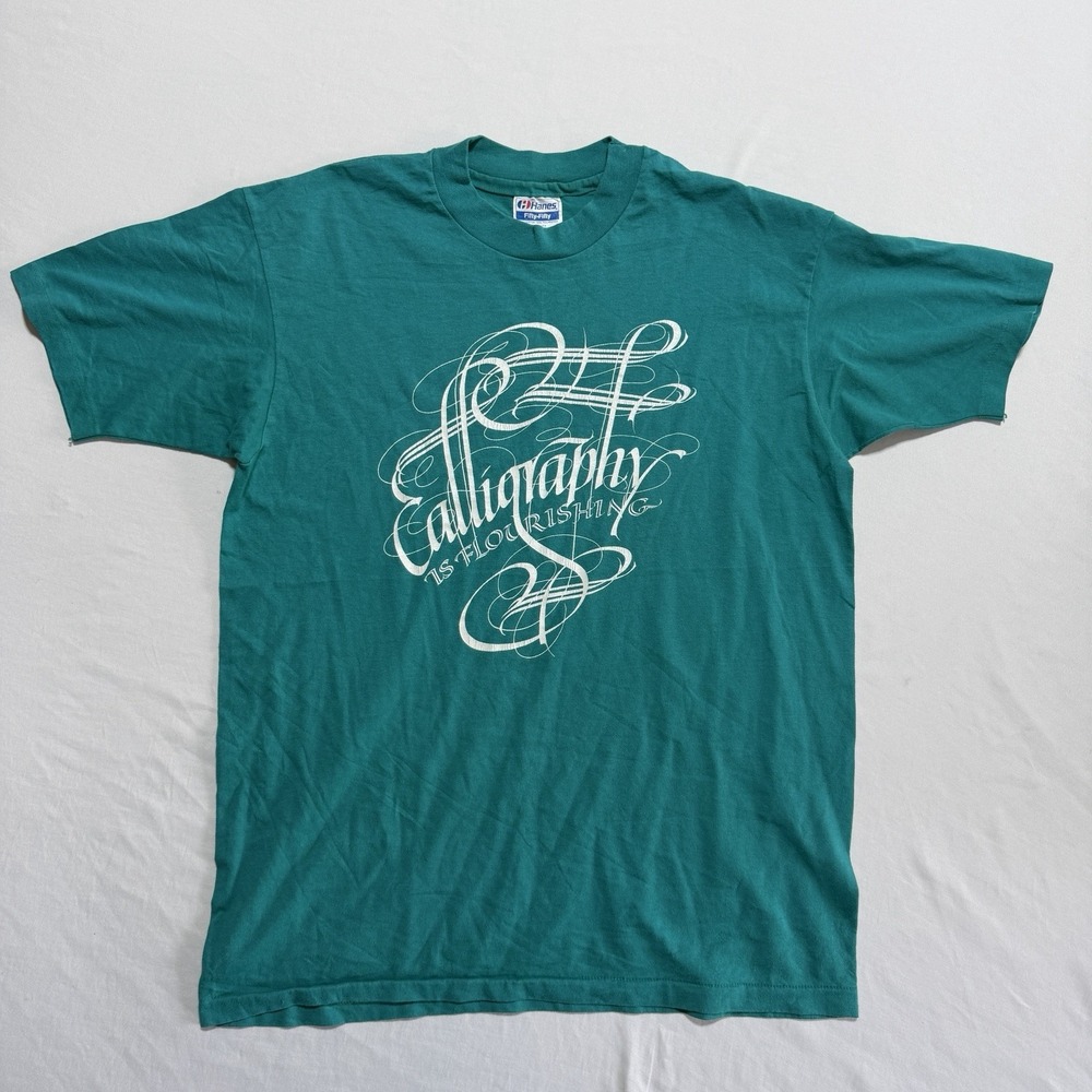 Vintage 80s Hanes Calligraphy Is Flourishing T-Shirt Teal Green USA Mens Large